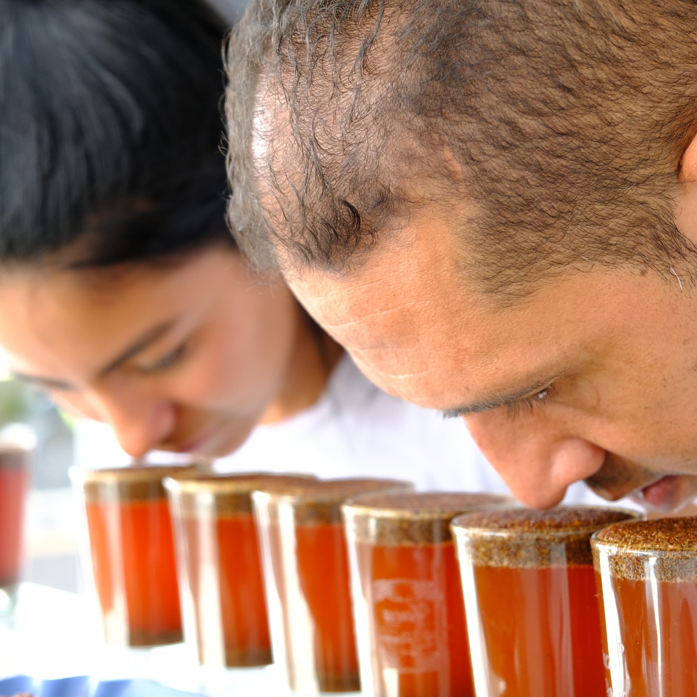Coffee cupping session for sensory analysis, with cups and tasting notes