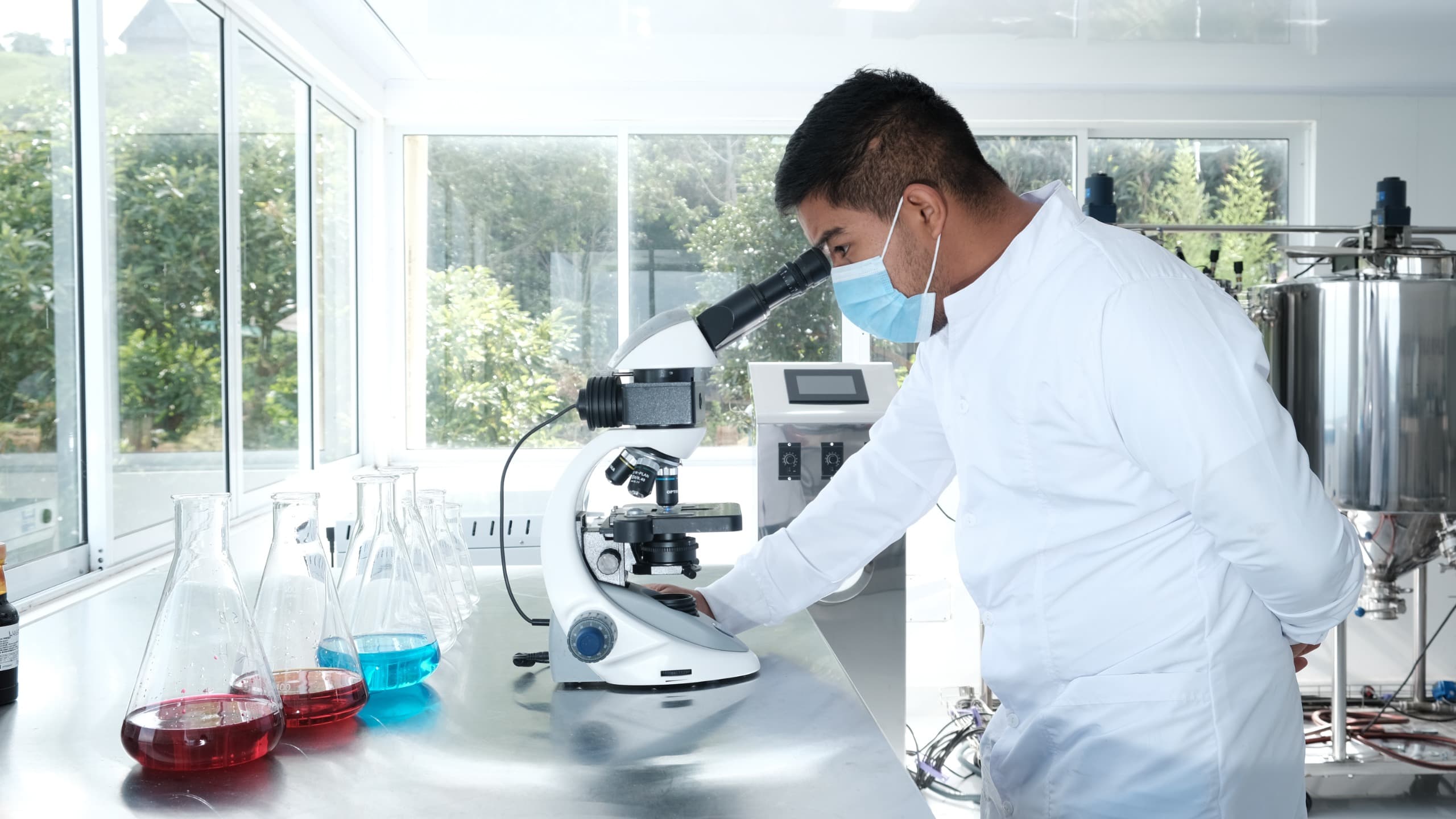 Microbiology lab with coffee samples and equipment